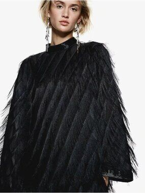 H&M Edition Feather Texture Sequin Mock Neck Black Blouse Size S New NWT